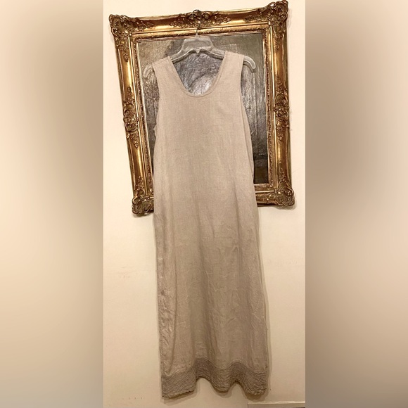 FLAX 100% Linen Long Dress w Textured Linen Panel - Picture 1 of 9